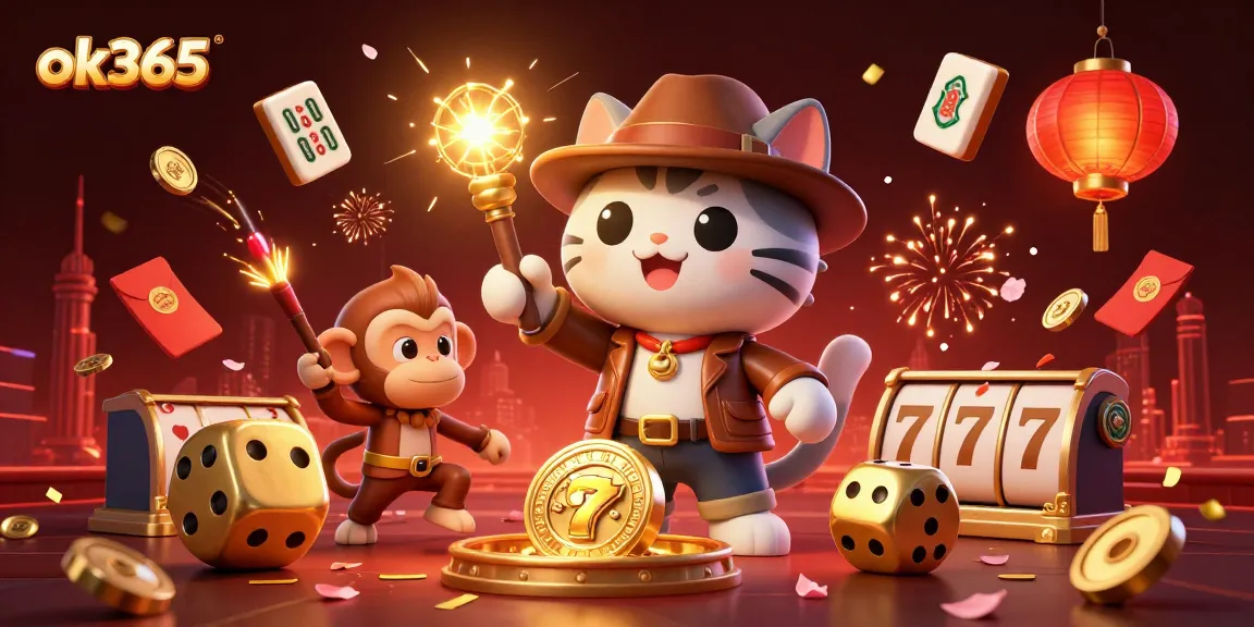 Engage with ok365's thrilling casino adventure featuring a cartoon archaeologist cat discovering treasures.