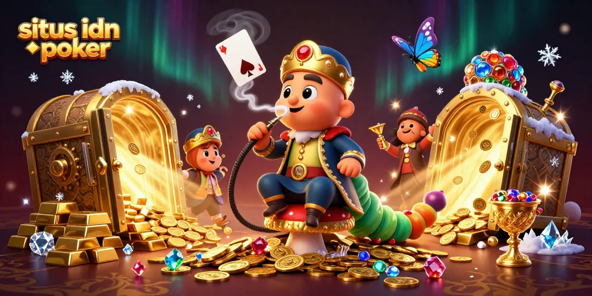 Situs idn poker menghadirkan ilustrasi profesional kasino menakjubkan dari karakter utama yang dikelilingi oleh harta karun.