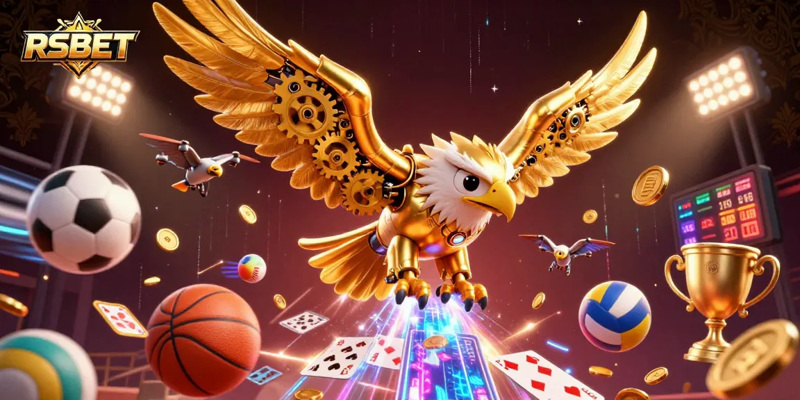 Engage in thrilling gameplay with RSBET's vibrant casino environment featuring flying cards and sports elements.