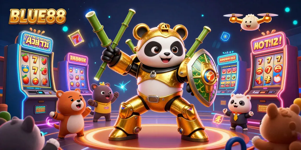 Experience thrilling slot gaming with BLUE88's vibrant 3D scene featuring a golden panda and dynamic casino elements.