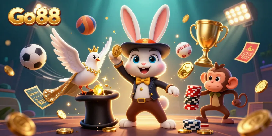 Go88 captures thrilling moments with a cartoon magician, dove, and monkey amid gaming excitement
