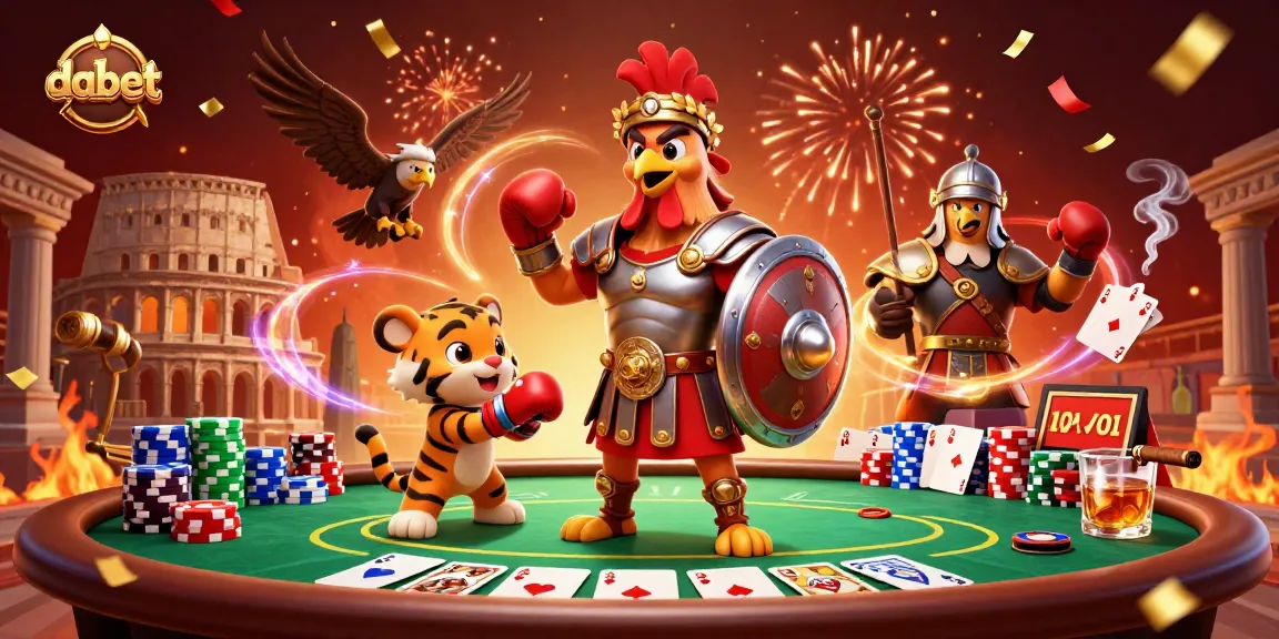 Dabet showcases winning strategies with a vibrant casino scene of gladiators and poker elements.