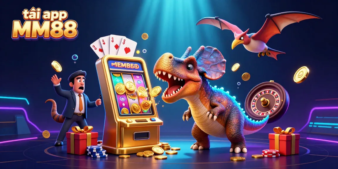 Tải app MM88 to enjoy thrilling jackpot wins with a pachycephalosaurus in a vibrant casino scene.