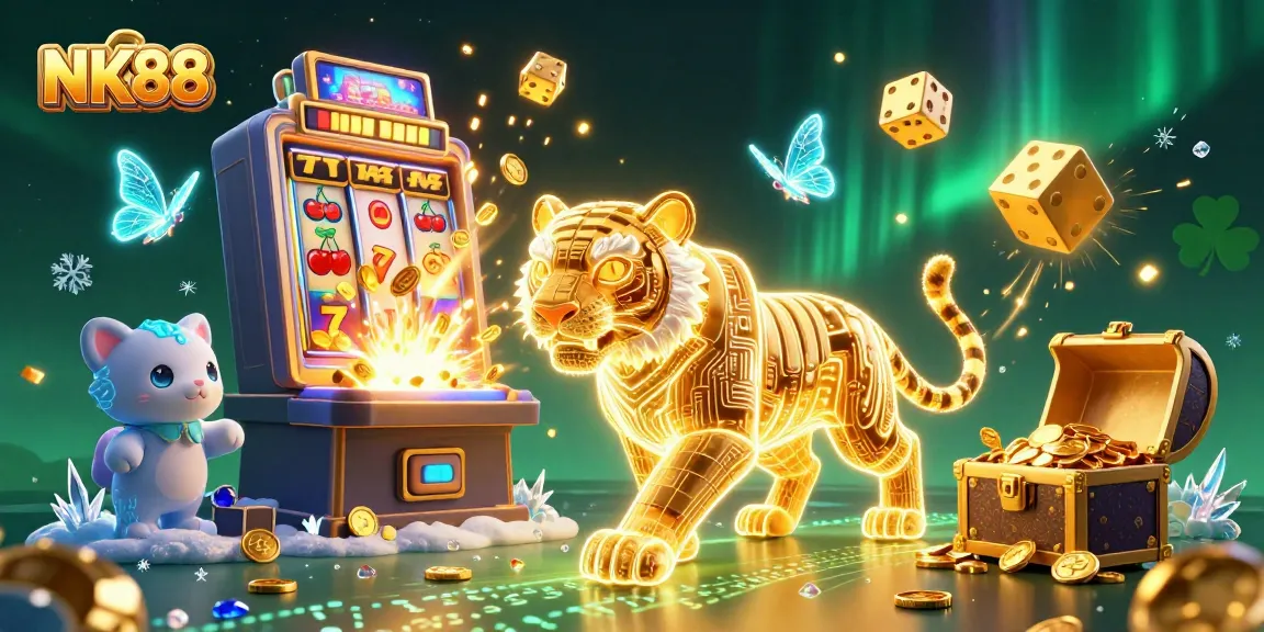 Experience the thrill of NK88 with a vibrant 3D casino scene featuring a neon tiger and jackpot excitement.