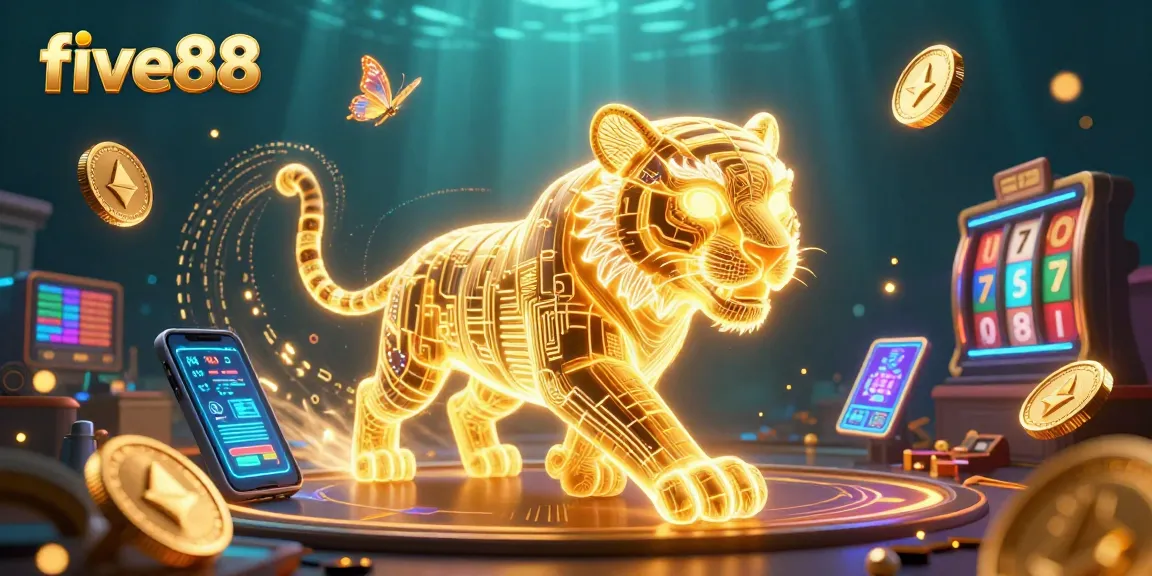 Engage with five88's vibrant digital casino world featuring a glowing golden tiger and holographic designs.