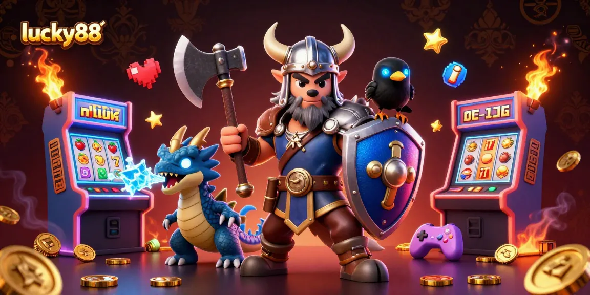 Experience lucky88 with this thrilling 3D illustration featuring a Viking warrior and gaming elements in a vibrant casino setting.