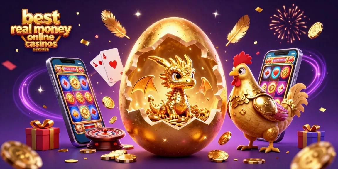 Engage with the best real money online casinos Australia featuring a golden dragon guarding a treasure of poker chips.