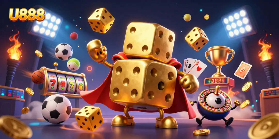 Experience the excitement of U888 with dynamic slots and sports elements in a vibrant casino illustration.