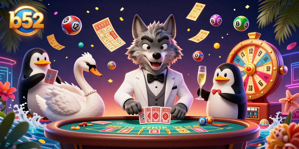 Engage with b52 gaming excitement as bright lottery balls and golden tickets fill the casino scene.