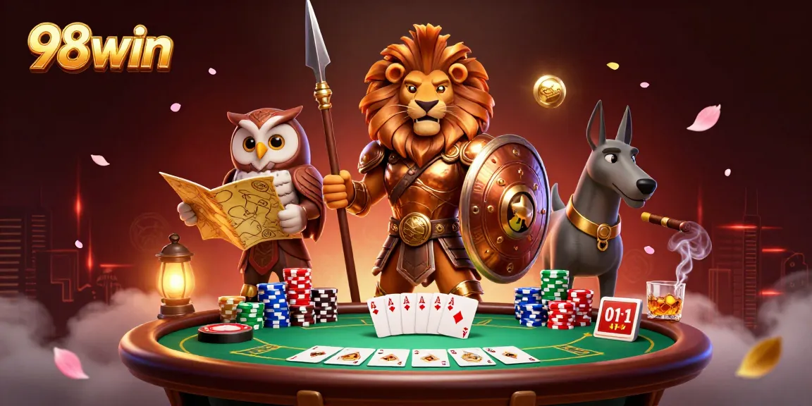 Engaging 98win illustrated scene with a Spartan lion, owl strategist, and greyhound amidst poker action.