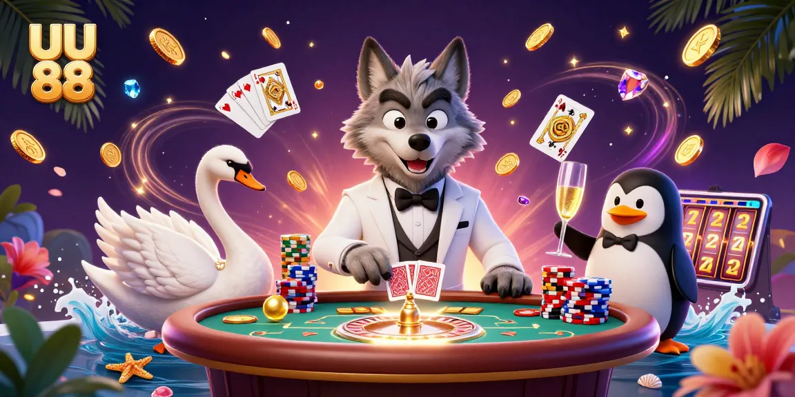 Experience the excitement of UU 88 with a charming wolf, swan dealer, and penguin sommelier.