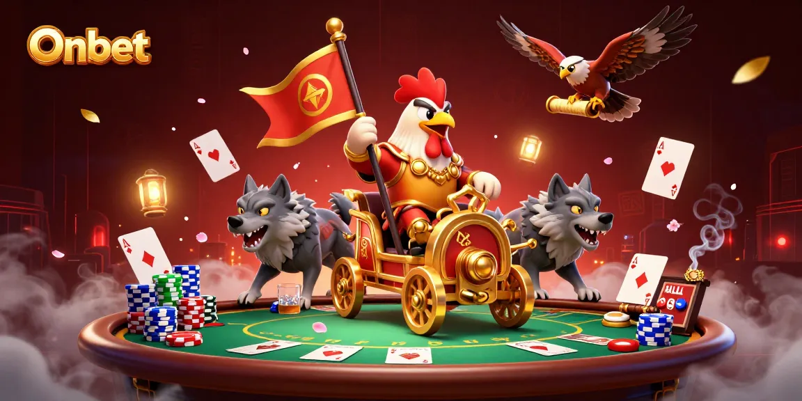Onbet showcases vivid poker action with a rooster warlord and golden chariot.