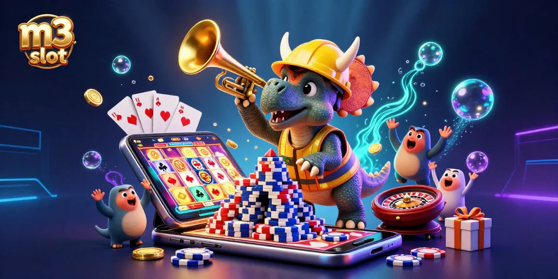 M3 slot unveils exciting 3D casino scene with triceratops building poker chip pyramid and vibrant gaming elements.