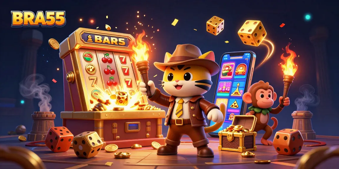 BRA55 gaming experience with a treasure-hunting cat exploring a vibrant and dynamic casino scene filled with jackpots.