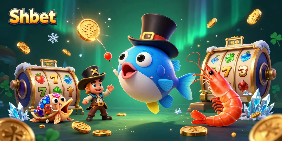 Winning with Shbet, a 3D anglerfish attracts golden coins while showcasing colorful slot reels in a vibrant underwater scene.