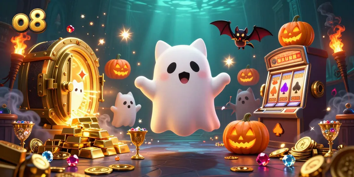 Join the excitement at o 8 with a cartoon ghost cat and glowing jack-o-lanterns in a lively casino scene.