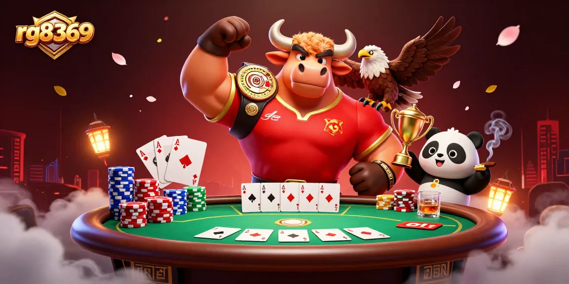 Experience thrilling bets and winnings at rg8369 with the vibrant casino scene featuring a victorious bull and friends.