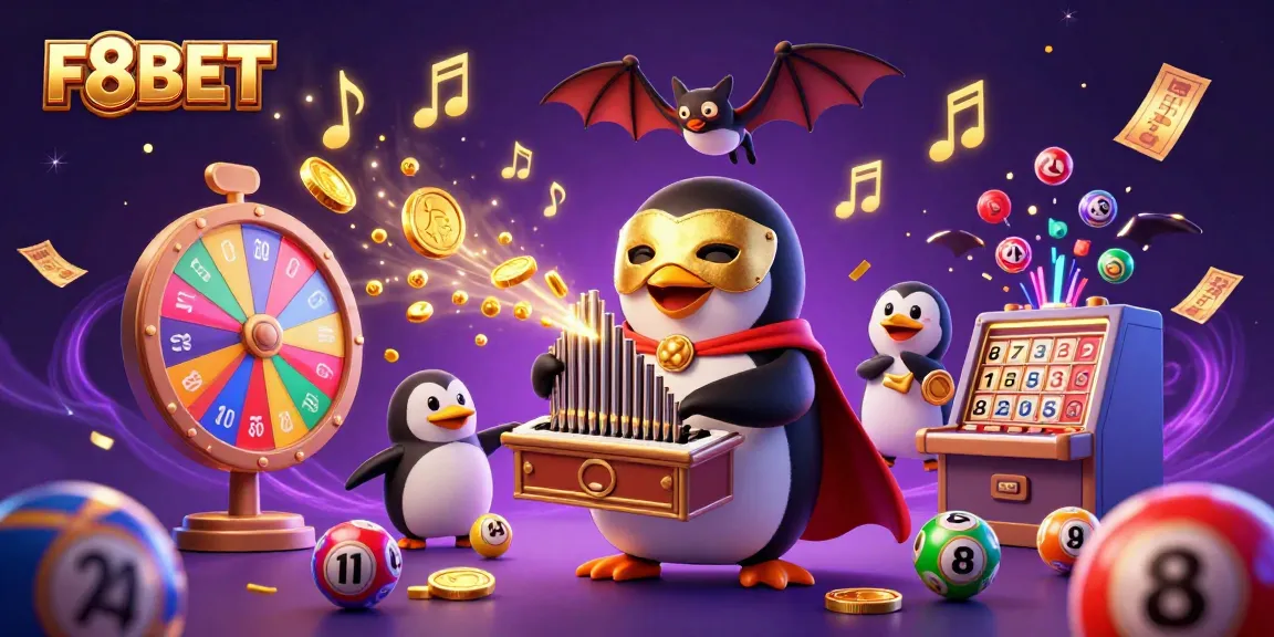 Engage in thrilling games at F8BET with vibrant animations including golden coins, lottery balls, and an energetic scene.