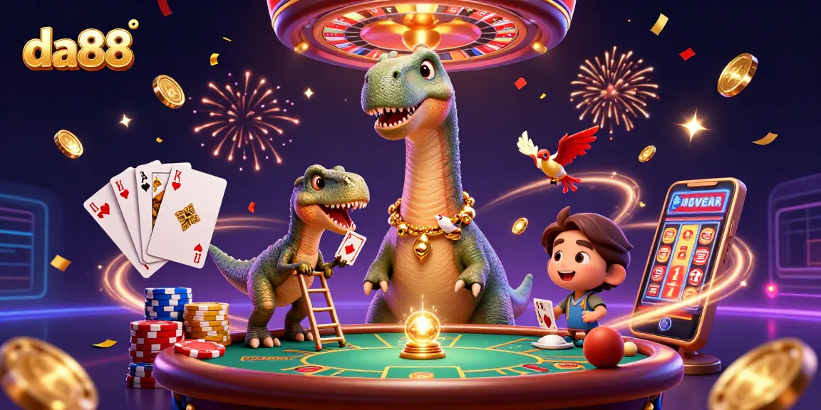 Enjoy the thrilling da88 casino experience with animated dino characters and vibrant game elements.