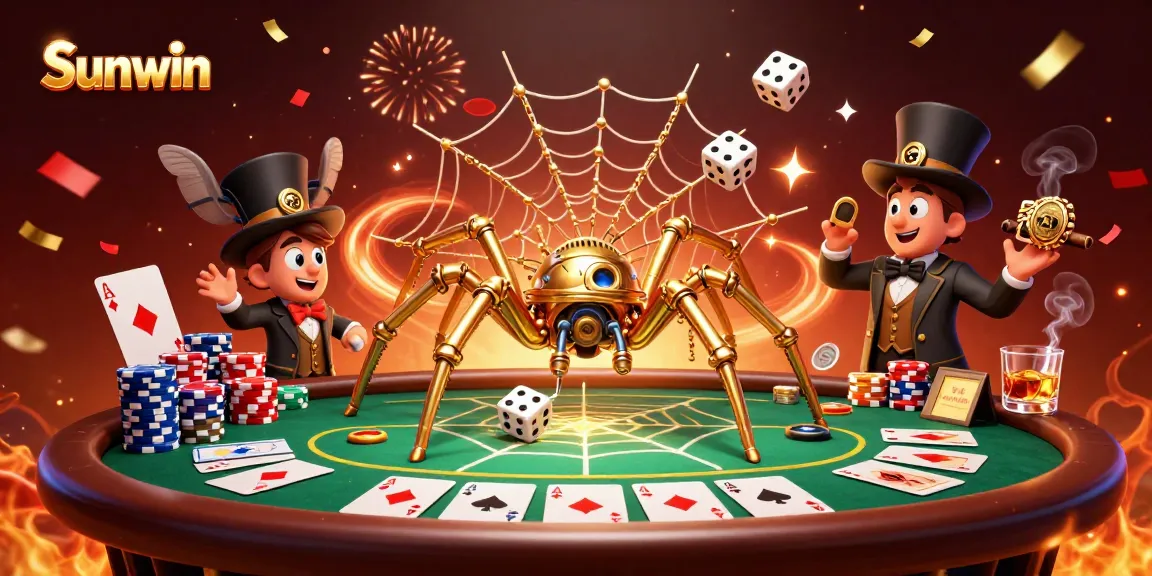 Engage in thrilling games at Sunwin, featuring a vibrant steampunk spider and poker elements.