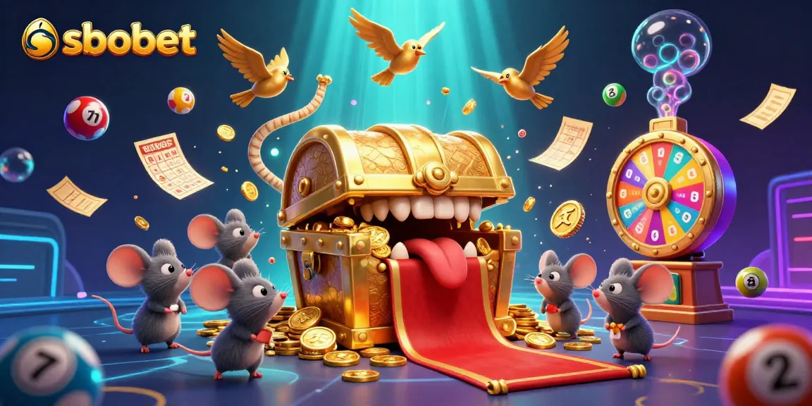 Experience sbobet with vibrant lottery elements and golden treasures in this dynamic casino illustration