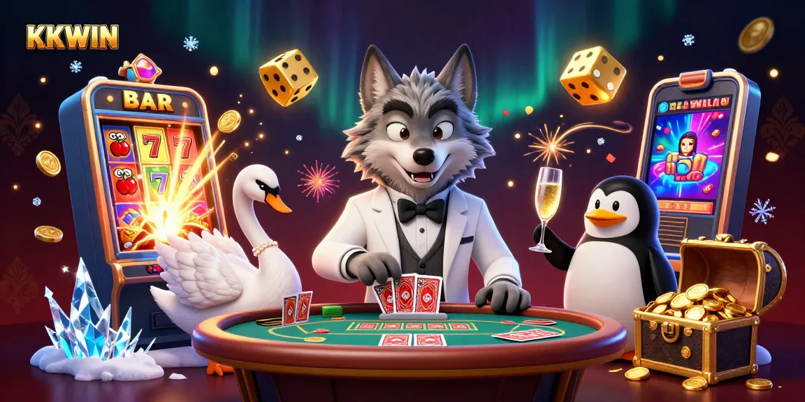 Experience KKWIN's vibrant casino atmosphere with a debonair wolf, elegant swan, and sophisticated penguin amidst a jackpot explosion.