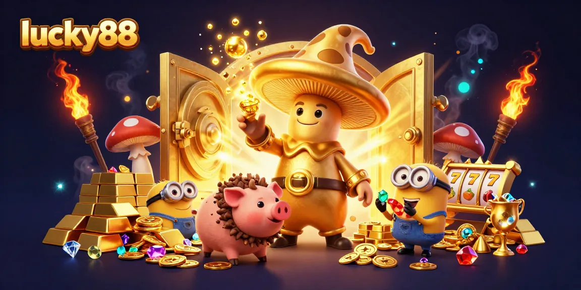 Spin the reels with lucky88 in this enchanting casino-themed illustration full of treasures.