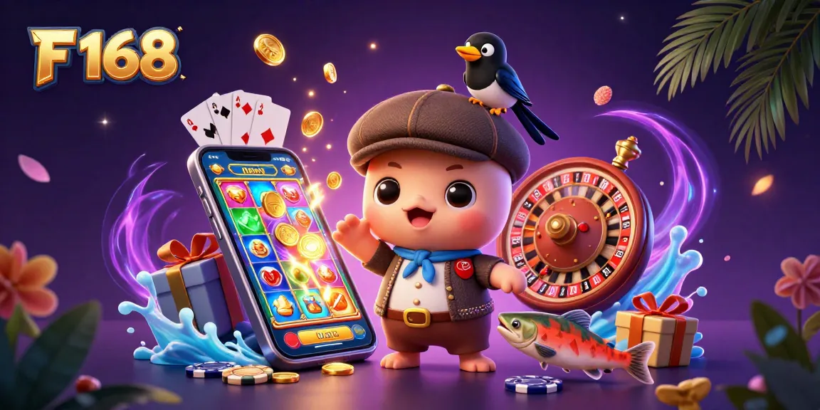 Engage in exciting gameplay with F 168, featuring adorable characters amidst vibrant casino elements.