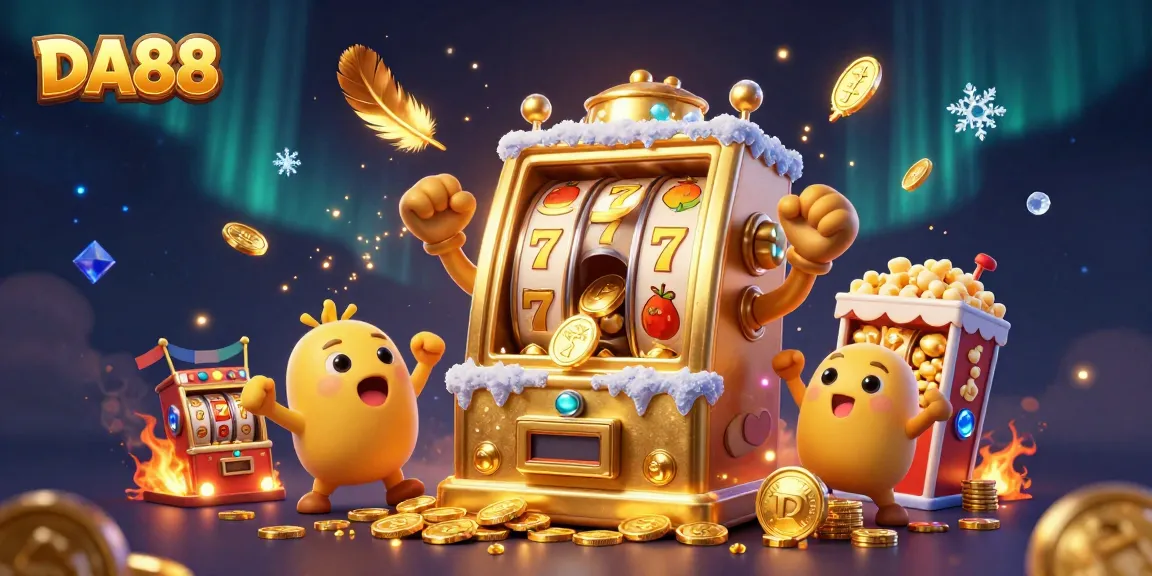 DA88 slots jackpot scene with golden slot machine, baby slots, and popcorn machine