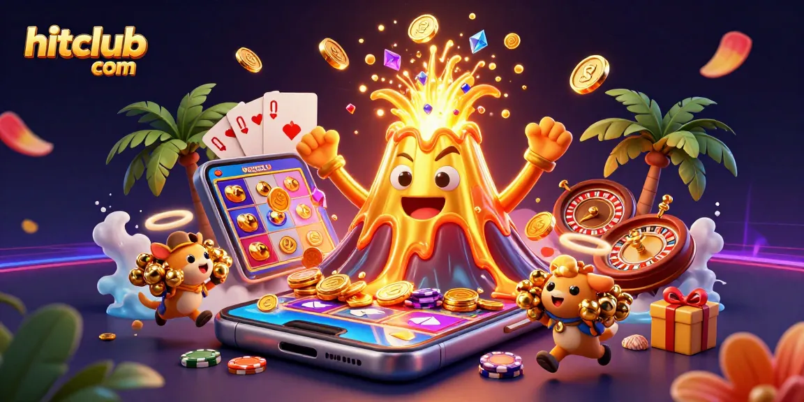 Explore hitclub com with a vibrant scene of a golden volcano erupting coins and treasure, showcasing a thrilling casino experience.