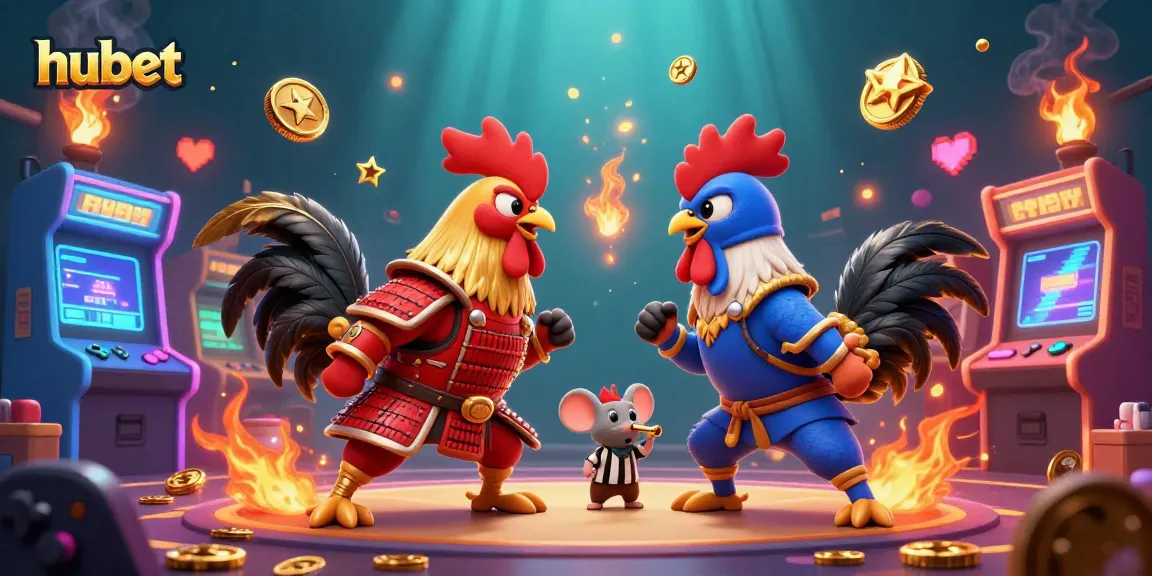 Experience thrilling cockfighting at hubet with dynamic visuals of roosters in action amidst vibrant gaming elements.