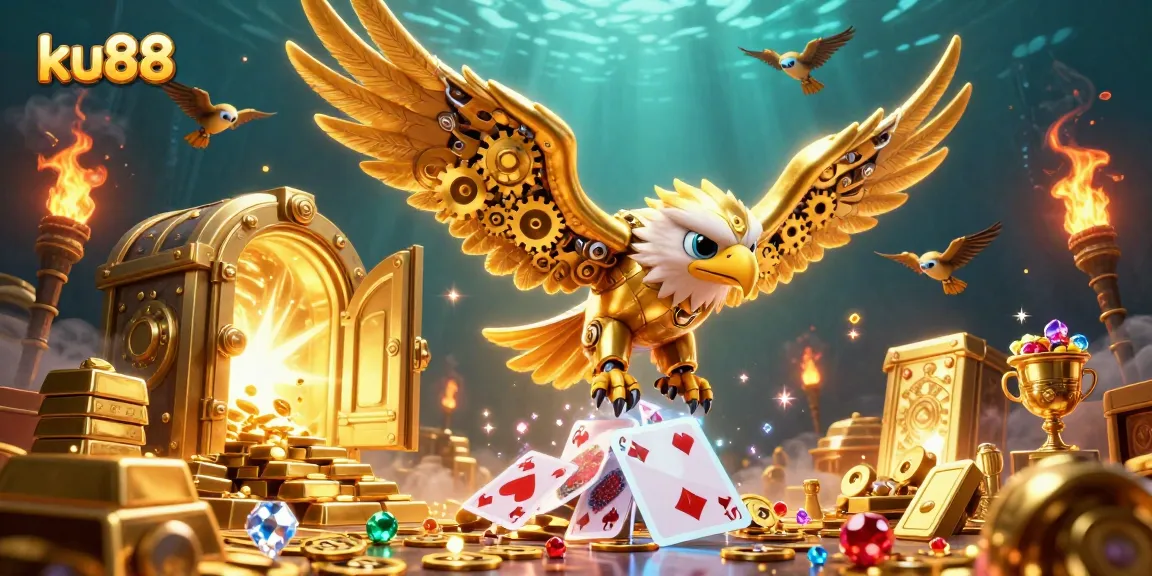 Experience exhilarating gameplay with ku88 and a dazzling 3D casino illustration showcasing treasures and holographic cards.