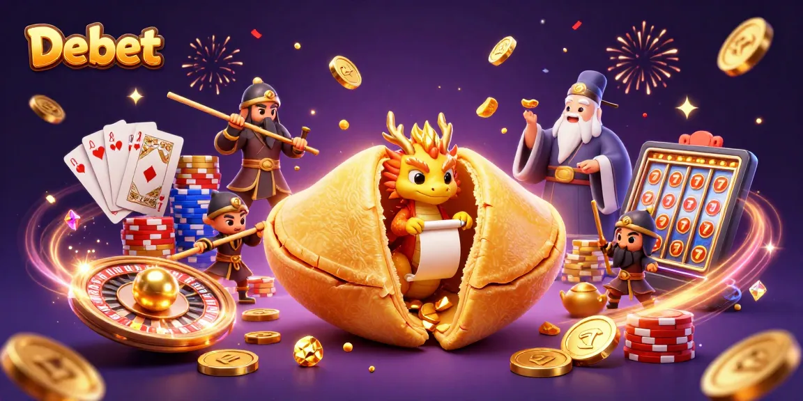 Debet reveals gold fortunes surrounded by cascading coins and vibrant casino elements.