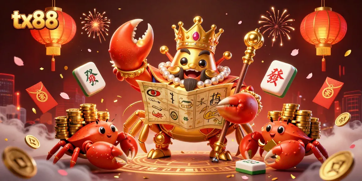 Engage with tx88 in this vibrant 3D casino scene featuring a golden crab emperor and treasures.