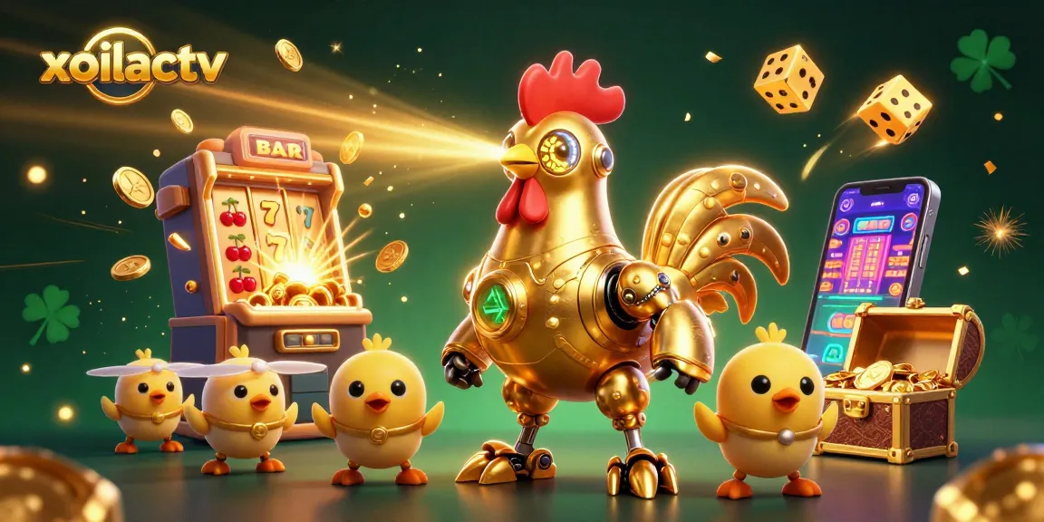Experience exciting gaming at xoilactv with a dynamic 3D representation of a golden rooster robot amidst vivid casino elements.