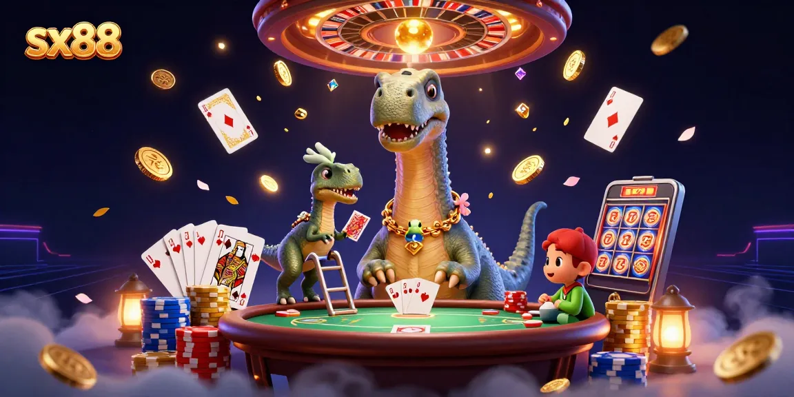 SX88 features a giant brontosaurus peering into a poker game with cards and coins cascading around.