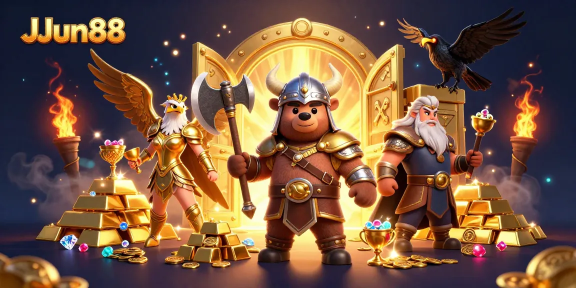 Join JJun88 for epic online casino adventures with vibrant 3D characters and dazzling treasure!