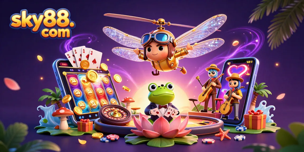 Engage with exciting games on sky88. com as a dragonfly pilot hovers over a lively casino scene.