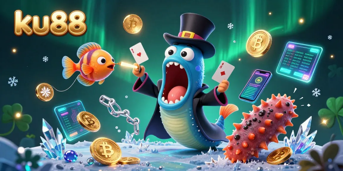 Experience ku88's thrilling card tricks magic show featuring luminous sea creatures and cryptocurrency elements.