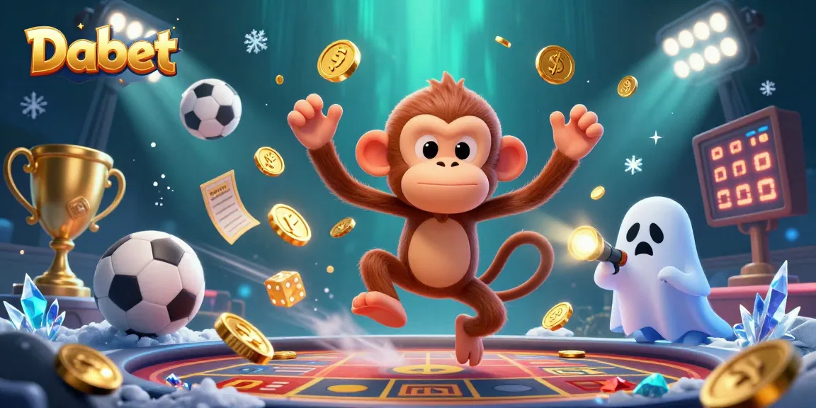 Dabet showcases a playful poltergeist monkey and puppy in a dynamic casino scene filled with sports elements.