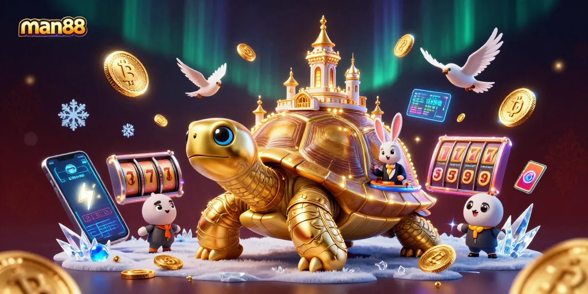 man88 showcases a vibrant 3D casino scene with a golden tortoise, card dealer, and crypto elements