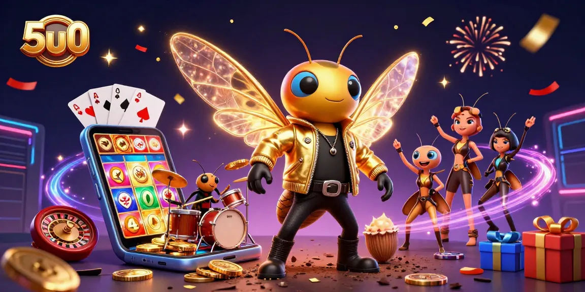 Experience the excitement of 5u0 with a lively casino-themed illustration featuring a cicada rock star and vibrant game elements.