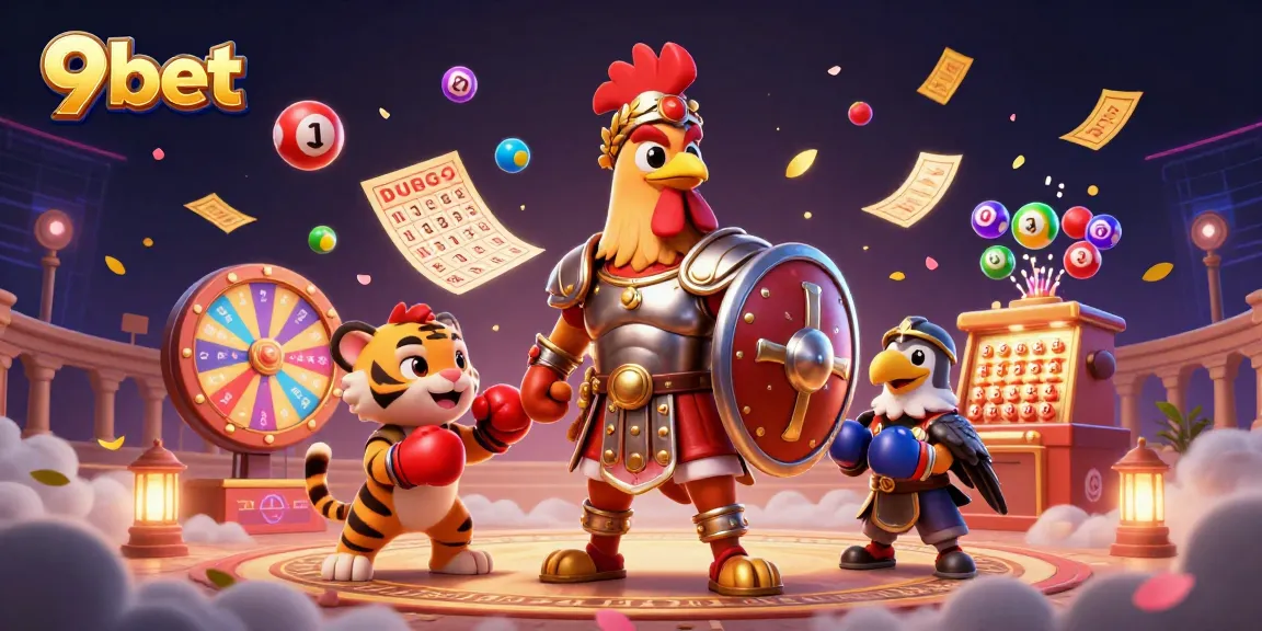Experience thrilling gaming at 9bet with vibrant lottery balls and detailed characters in a dynamic scene.
