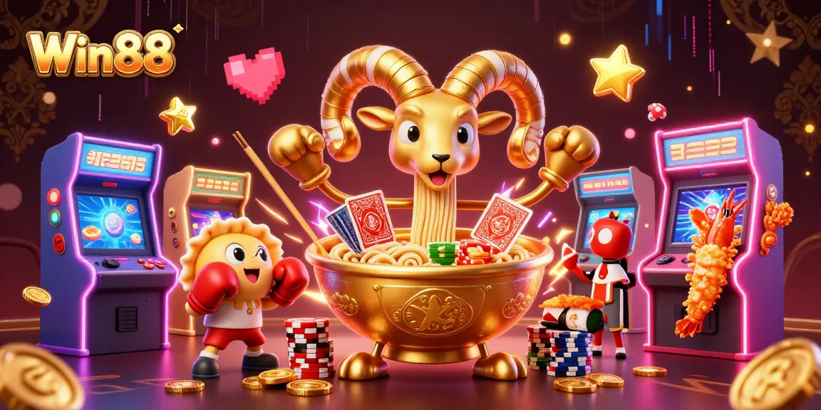Win88 engaging with cartoon casino characters, dynamic arcade elements, and vibrant visuals.