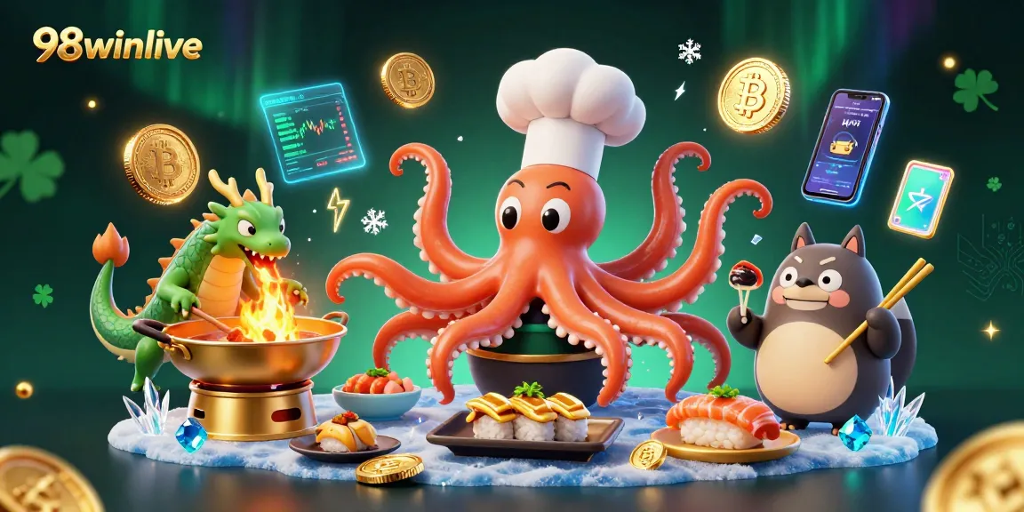Engage with 98winlive for exciting online gaming, featuring a lively sushi chef octopus and treasures.