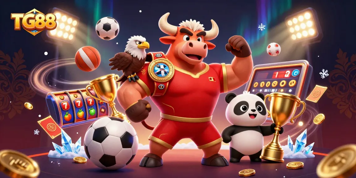 Celebrate victories at TG88 with vibrant mascots surrounding casino elements.