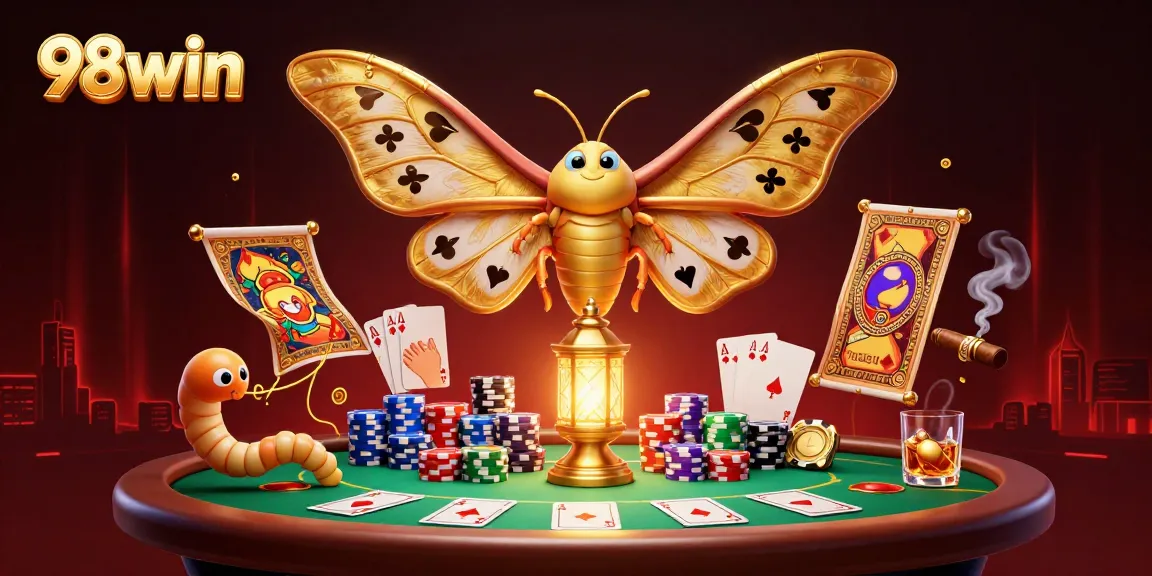 Experience the excitement of 98win with vibrant casino elements and a majestic golden moth illustration.