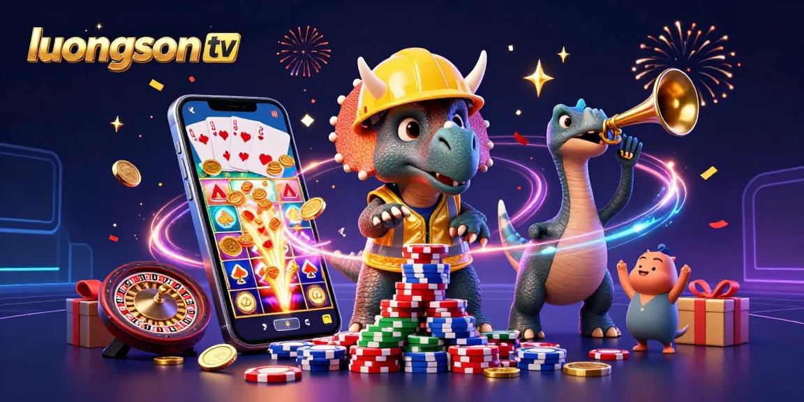 Experience the thrill of live betting with luongson tv, celebrating with 3D characters in a vibrant casino scene.