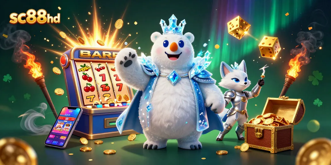 Experience thrilling gaming with sc88hd featuring a jackpot explosion from a massive slot machine amidst a magical scene.