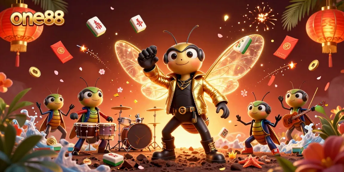 Engage with thrilling gaming action at one88, featuring a cicada rock star in a vibrant casino scene.